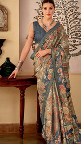 Abalone Grey kalamkari Printed Pallu With Fancy Tassel Khadwa Silk Saree